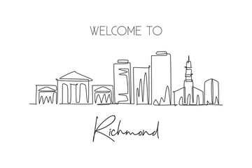 One single line drawing of Richmond city skyline, Virginia. Historical town landscape in the world. Best holiday destination. Editable stroke trendy continuous line draw design vector illustration