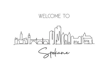 Fototapeta premium Single continuous line drawing of Spokane city skyline, Washington. Famous scraper landscape. World travel home wall decor art poster print concept. Modern one line draw design vector illustration