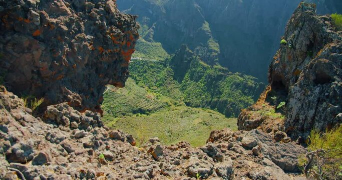 Scenic view from Mirador La Cruz de Hilda. Masca village and Gorge. Tenerife. Canary Islands, Spain. Parque rural de Teno. Top view, nobody.
