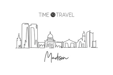Fototapeta na wymiar One single line drawing of Madison city skyline, Wisconsin. Historical town landscape in the world. Best holiday destination. Editable stroke trendy continuous line draw design vector illustration