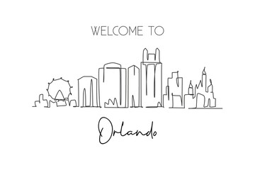 One continuous line drawing of Orlando city skyline, Florida. Beautiful landmark. World landscape tourism travel home wall decor poster print. Stylish single line draw design vector illustration