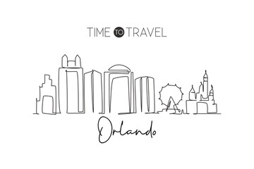 One single line drawing of Orlando city skyline, Florida. Historical town landscape in the world. Best holiday destination. Editable stroke trendy continuous line draw design vector illustration