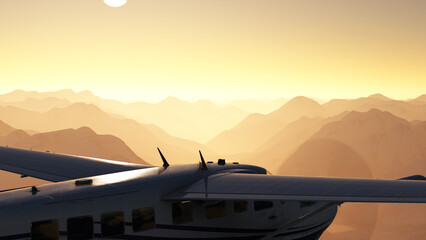 Fototapeta na wymiar Small airplane flying during sunset. Sunrise in the mountains