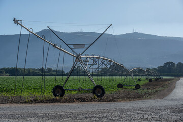 Agricultural irrigation equipment with water sprinklers in the Field, in Northern Israel.