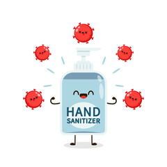 Hand sanitizer character. Alcohol gel. Washing alcohol gel used against viruses, bacteria, flu, coronavirus. Waterless hand cleaner. Flat style vector illustration isolated on white background.