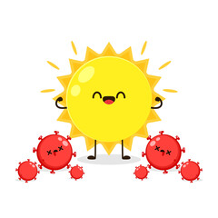 Sun cartoon vector. Summer sun light kill and reduce infection rate of Coronavirus COVID-19 outbreak crisis concept, Hot sun shinning and burn to melt COVID-19 Coronavirus.