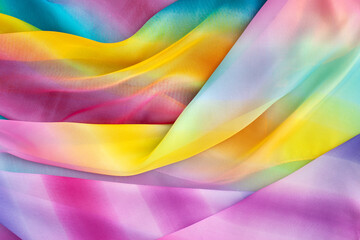 Beautiful delicate rainbow fabric background. Silk fabric in iridescent colors creates folds. Multicolored textiles.