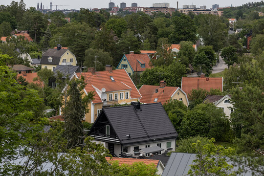 Stockholm, Sweden Rooftops and villas in the Malarhojden district.