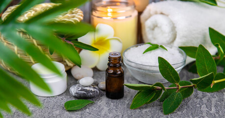 Background spa cosmetics and oils and herbs. Selective focus.