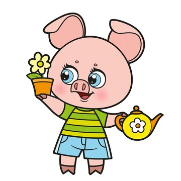 Cute cartoon piggy holds watering can and looks at flower that has grown in a pot color variation for coloring page on white background
