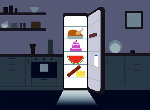 Vector kitchen frige with food illustration
