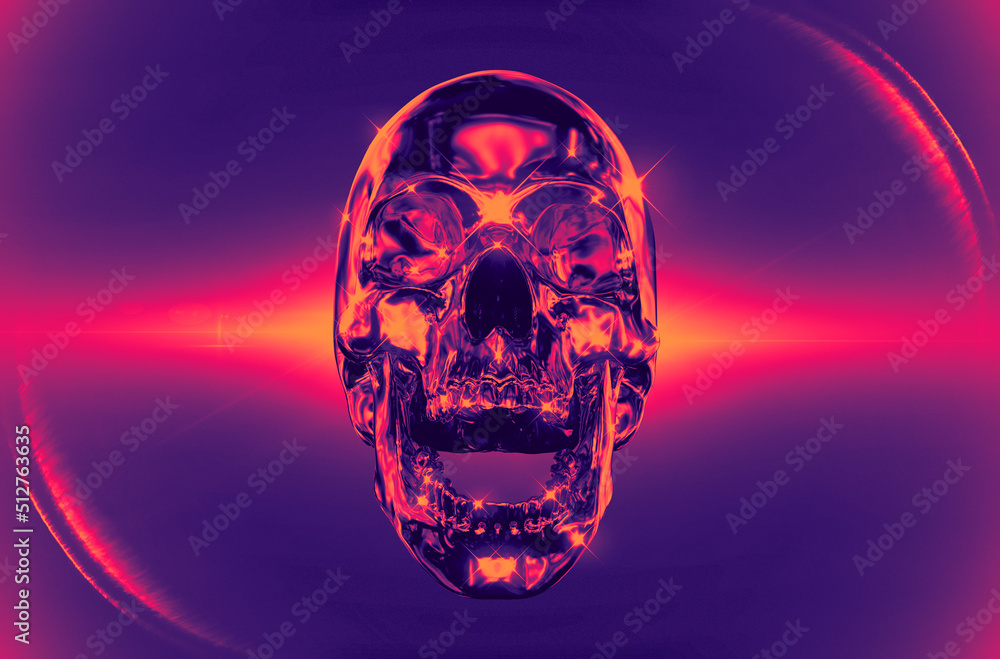 Aufkleber concept 3d rendering illustration of a front view screaming skull made of chrome reflecting metal on