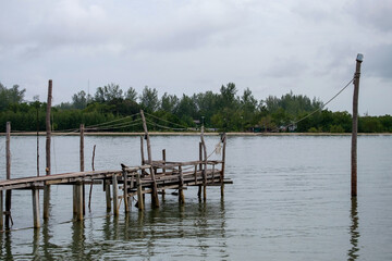 wooden pillars and berths made of old and decayed wood extending above the water surface