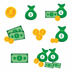 Set various kind of money flat vector illustration