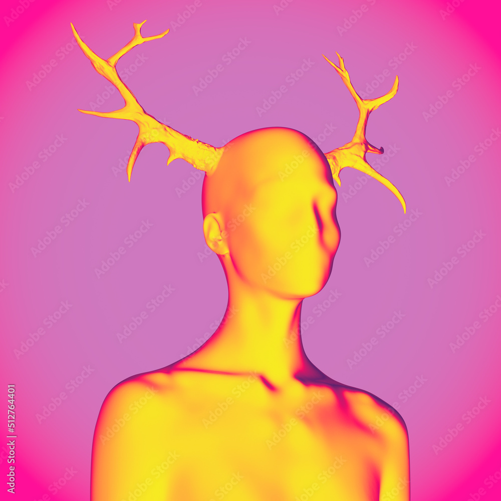 Poster abstract concept illustration from 3d rendering of scary faceless female bust figure with deer devil