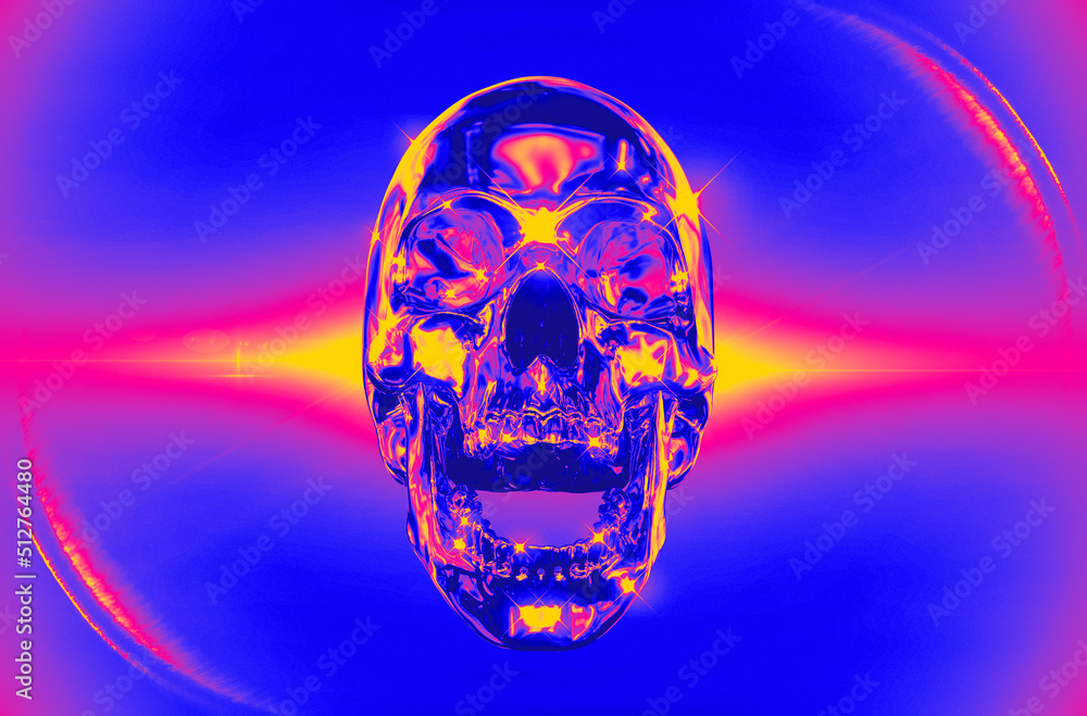 Poster concept 3d rendering illustration of a front view screaming skull made of chrome reflecting metal on