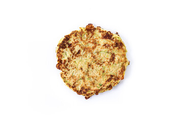 Zucchini fritters isolated on white background. Vegetable pancakes.