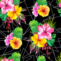 Blooming dahlias watercolor seamless pattern. Yellow, purple georgina on black and white geometric background. Flowers blossom, buds and leaves with aquarelle texture. Floral wrapping paper design