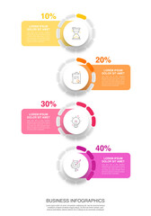 Fototapeta premium Modern vector infographics design template. Concept with 4 steps, labels. Creative timeline with graph elements, percentage circles and icons. Performance analysis in percent