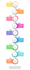 Modern vector infographics design template. Concept with 9 steps, labels. Creative timeline with graph elements, percentage circles and icons. Performance analysis in percent