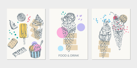 Hand drawn sweet dessert pencil sketch set with ice cream, popsicle, cones, chocolate, waffle, cookies