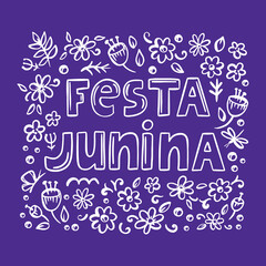 FESTA JUNINA MONOBLUE June Festival Catholic Tradition Brazil Carnival Holiday Lettering With Abstract Leaves On Purple Background Vector Illustration For Print