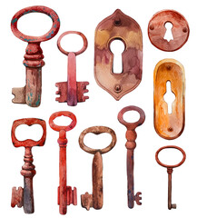 Watercolor set of hand-drawn antique copper, gold, iron keys and keyhole. Illustration in picturesque style on white background. Old objects design.