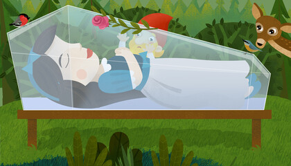cartoon princess and dwarfs near when she is sleeping