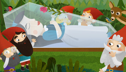 cartoon princess and dwarfs near when she is sleeping