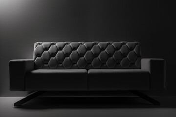 black and white photo of a light sofa on metal legs in the interior