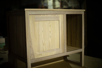 Wooden table. Furniture in workshop. Cabinet making.