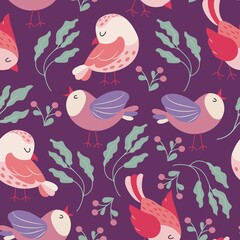Colorful birds seamless pattern. Exotic birds in different print poses. Vector illustration.