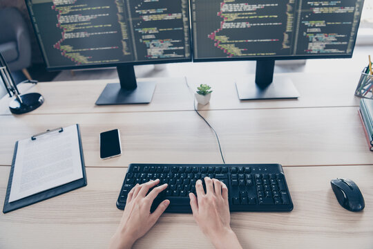 First person view photo of busy business lady working on new project experienced programmer write scripts indoors workshop