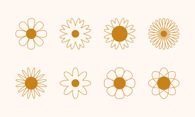 Vector set of simple linear style boho flower icons, symbols. Abstract design element templates in modern minimalist style for branding, social media, artisan product, print, packaging, logo, sticker