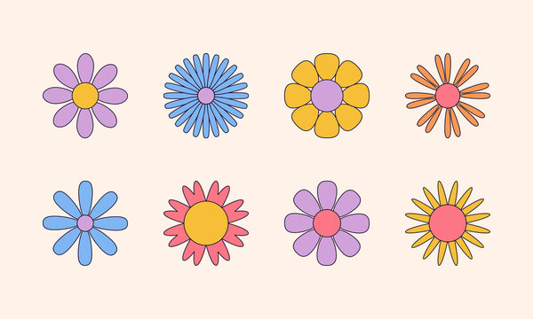 Vector set of simple hippie style boho flower icons, symbols. Abstract design element templates in modern minimalist style for branding, social media, artisan product, print, packaging, logo, sticker