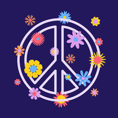 Vector trendy abstract retro 60s, 70s hippie illustration with flowers and peace sign. Vintage template design for fashion art prints, poster or card