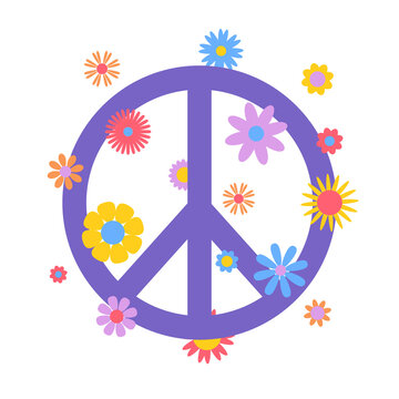 Vector trendy abstract retro 60s, 70s hippie illustration with flowers and peace sign. Vintage template design for fashion art prints, poster or card