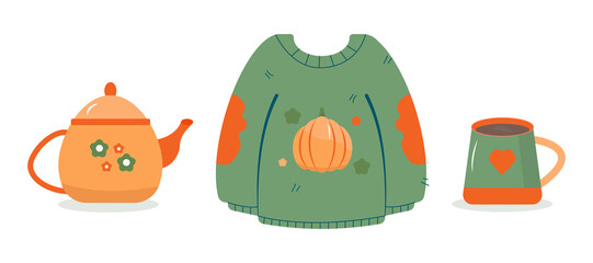 Cute vector autumn collection. Autumn sticker set sweater, pumpkin, teapot, kettle, cup. Warm season set. Cozy season
