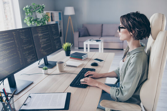 Profile side photo of smart business lady hard working on new project improving optimization operating system indoors in office