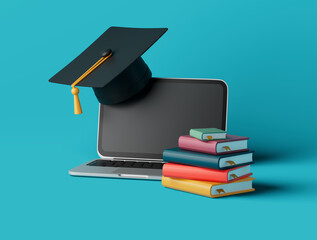 Fototapeta na wymiar Simple online learning with books, graduation cup and laptop 3d render illustration.