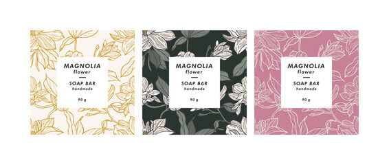 Vector set seamless patterns for cosmetics with template design labels. Backgrounds with magnolia flowers for handmade soap. - obrazy, fototapety, plakaty