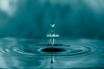Blue water droplet hits the water surface creating a beautiful pattern of water ripples reflection...