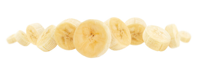 Delicious banana slices, isolated on white background