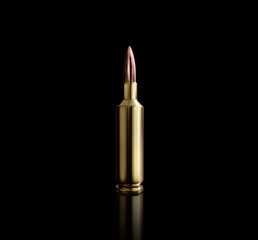 Bullet isolated on black background with reflexion. 3d render