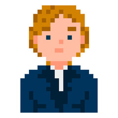 Business woman pixel character. Character for video game. Vector, isolated.