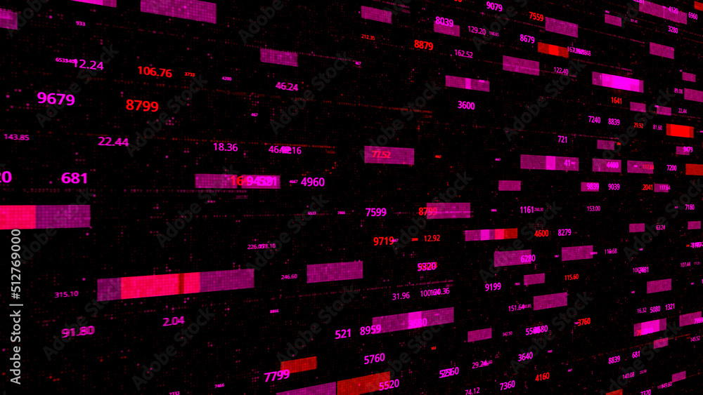 Poster abstract futuristic digital encrypted data, statistics monitor display. animation. flowing pink and 