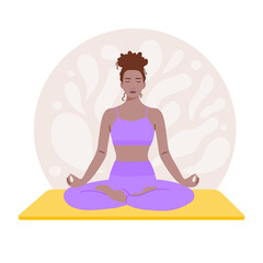 Woman with closed eyes in lotus pose. Girl practicing meditation. Concept of yoga, calm, concentration. Vector illustration, flat design