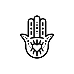 Hamsa minimalist icon. Heart shape. Black outline. Concept of evil eye protection and misfortunes. Vector illustration, flat design