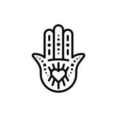 Hamsa minimalist icon. Heart shape. Black outline. Concept of evil eye protection and misfortunes. Vector illustration, flat design