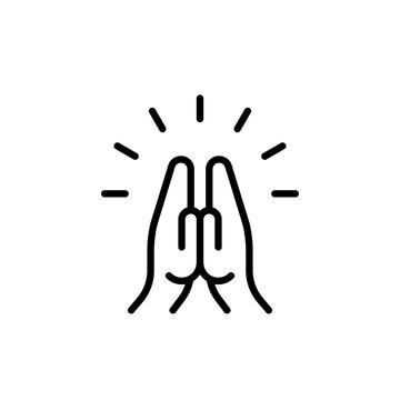 Praying hands icon. Black outline. Concept of gratitude, welcome, prayer. Vector illustration, flat design